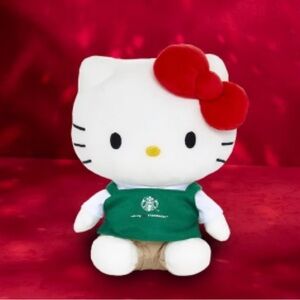 Hello Kitty Plush Starbucks with Red Bow and Green Outfit